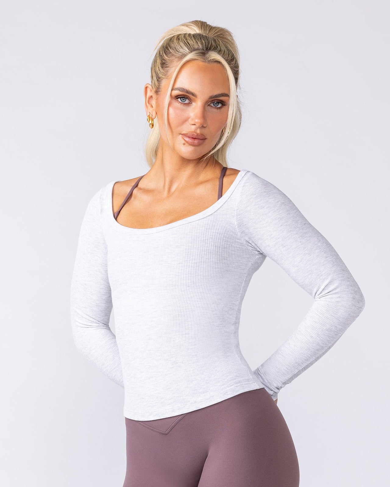 Balance Long Sleeve Rib Top - Light Grey Marl