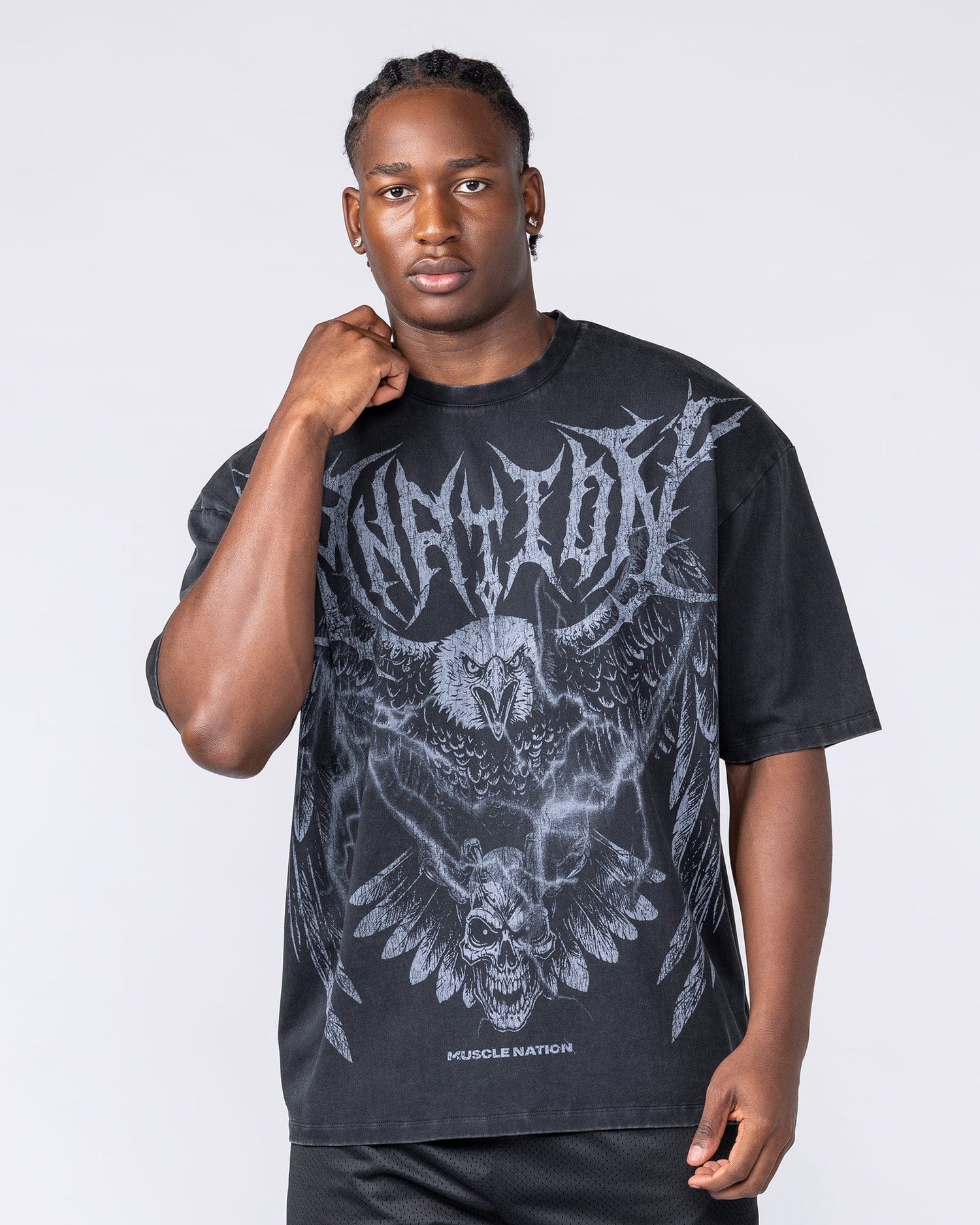 Gothic Eagle Oversized Tee in Washed Black - Muscle Nation men's gym tee