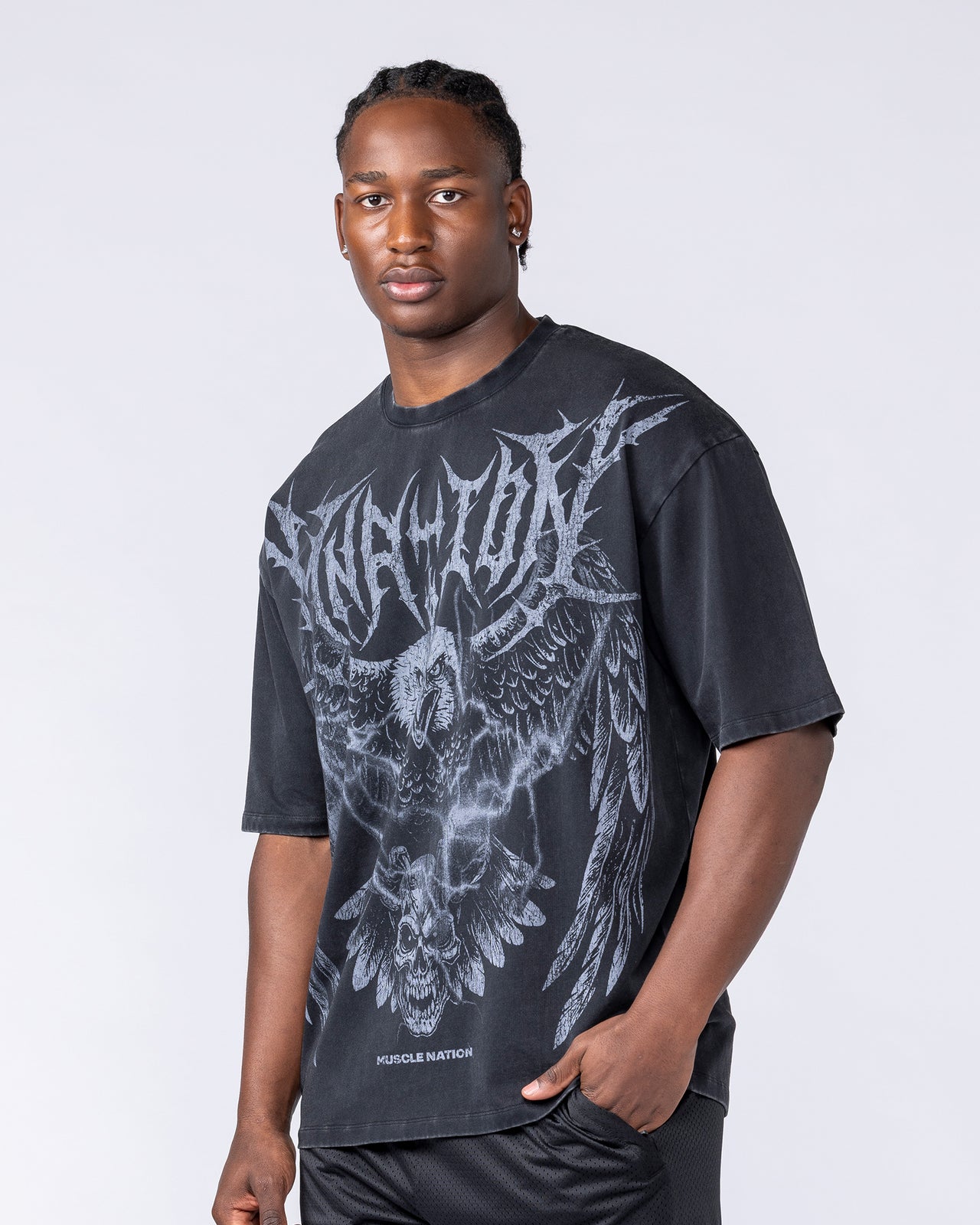Gothic Eagle Oversized Tee - Washed Black