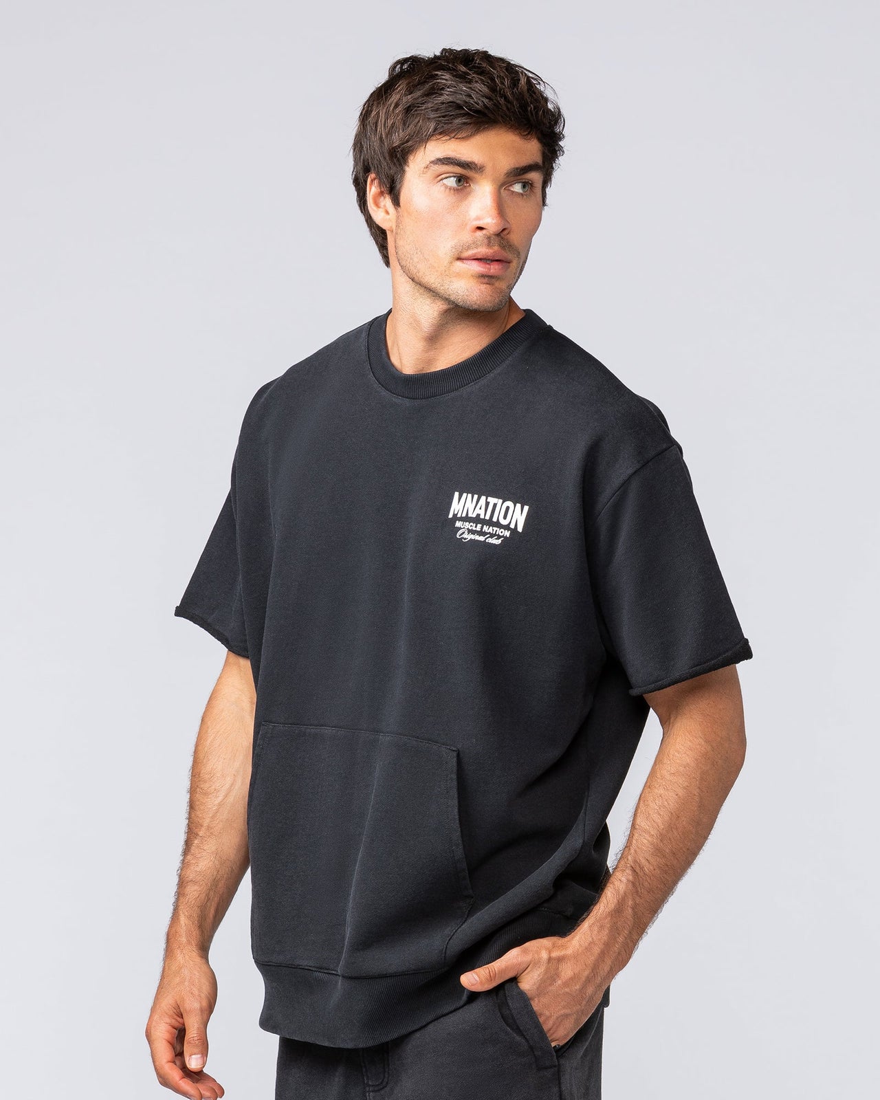 Heritage Loopback Oversized Tee in Washed Black - Muscle Nation men's gym tee, view 2