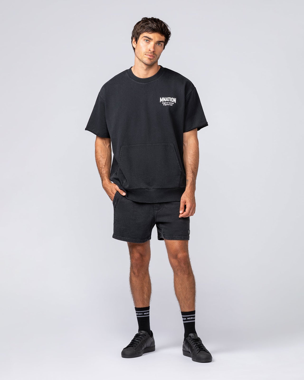 Heritage Loopback Oversized Tee in Washed Black - Muscle Nation men's gym tee, view 5