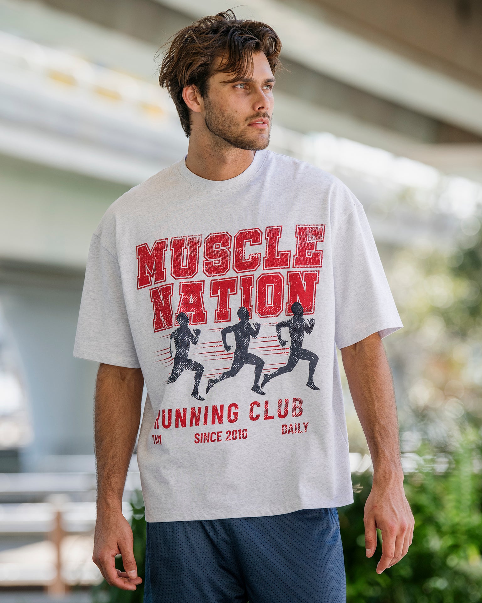 Mens Running Club Oversized Tee - Snow Grey Marl