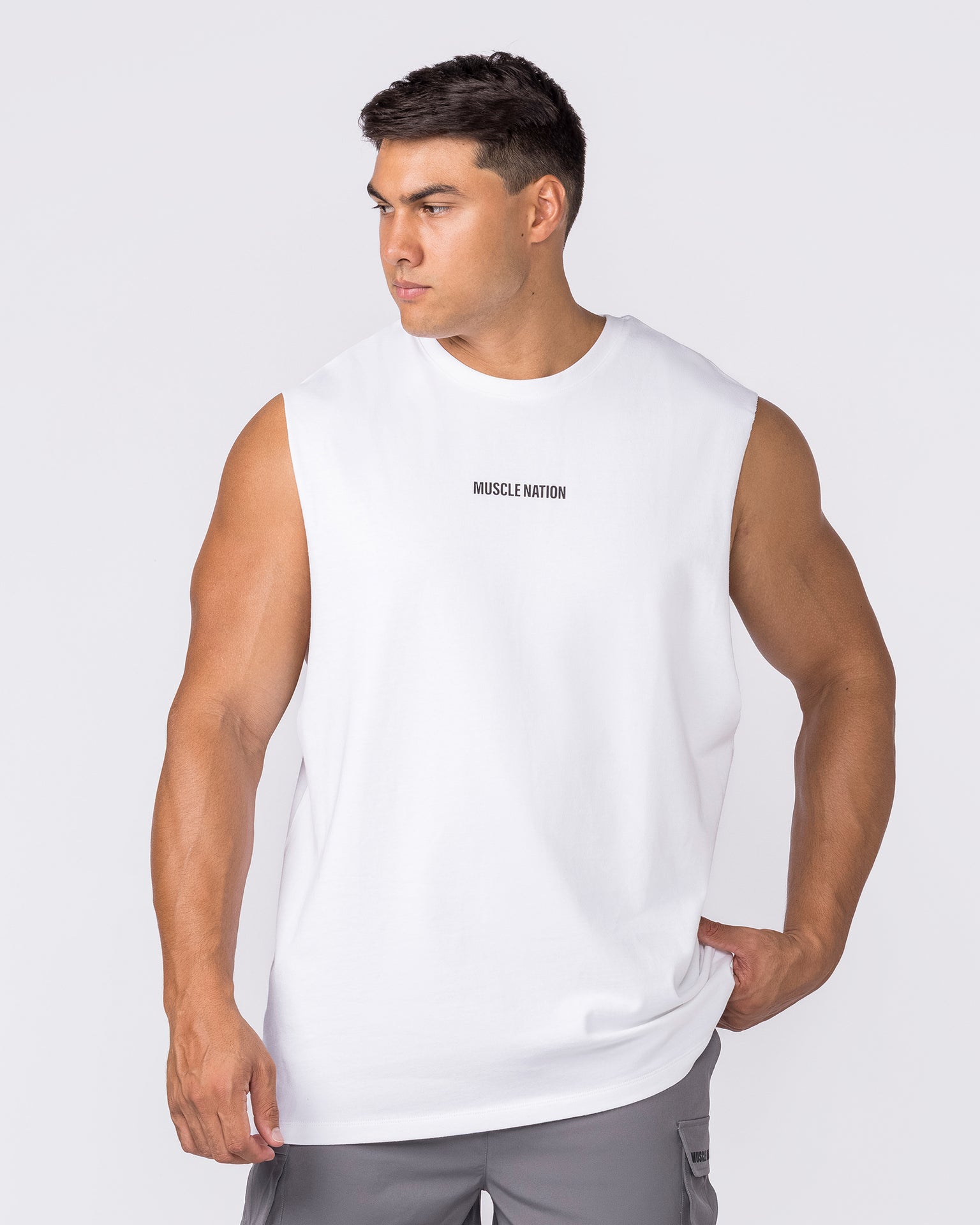Training Drop Arm Tank White - Muscle Nation men's muscle tank, view 3