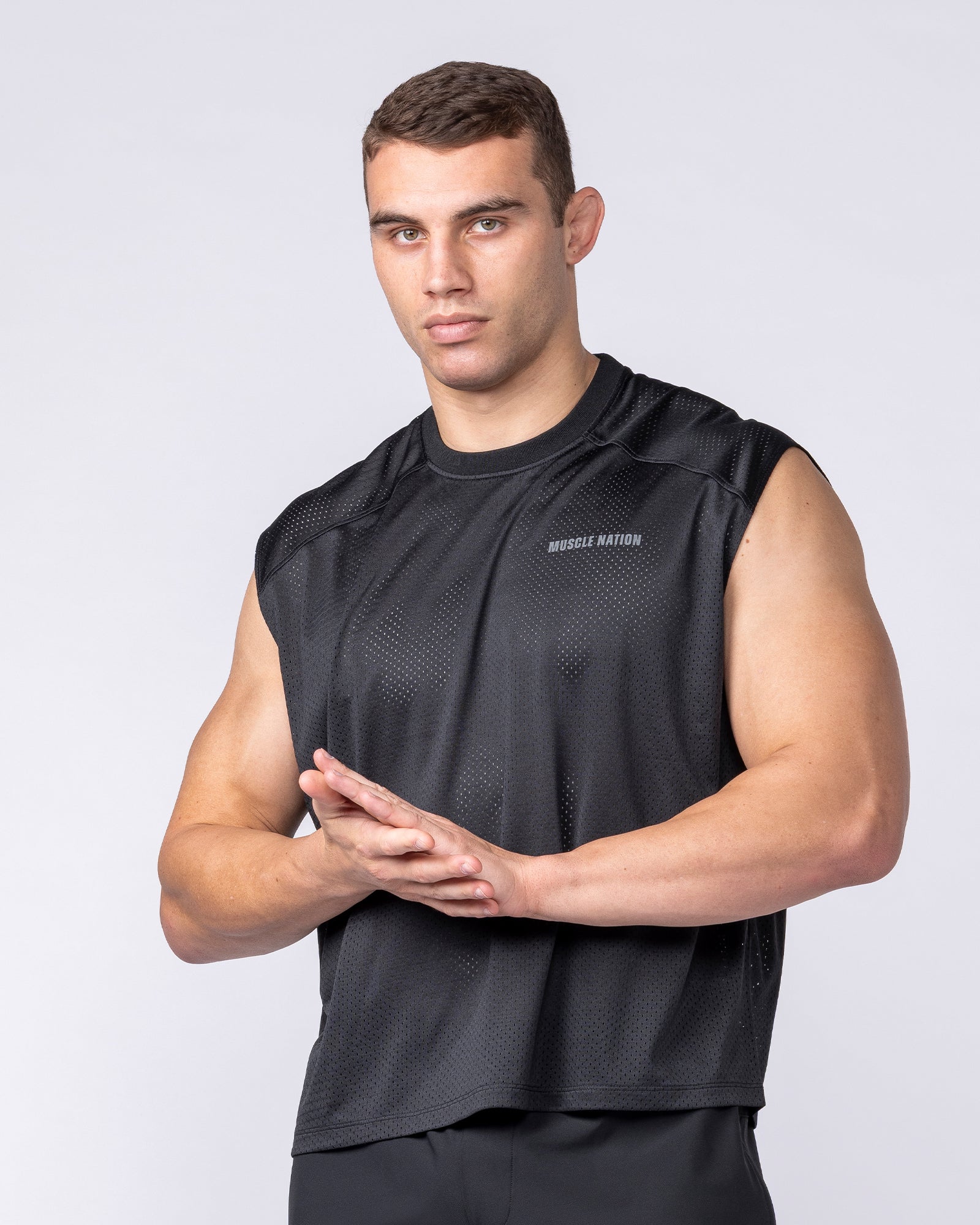 Mesh Boxy Cropped Muscle Tank - Black
