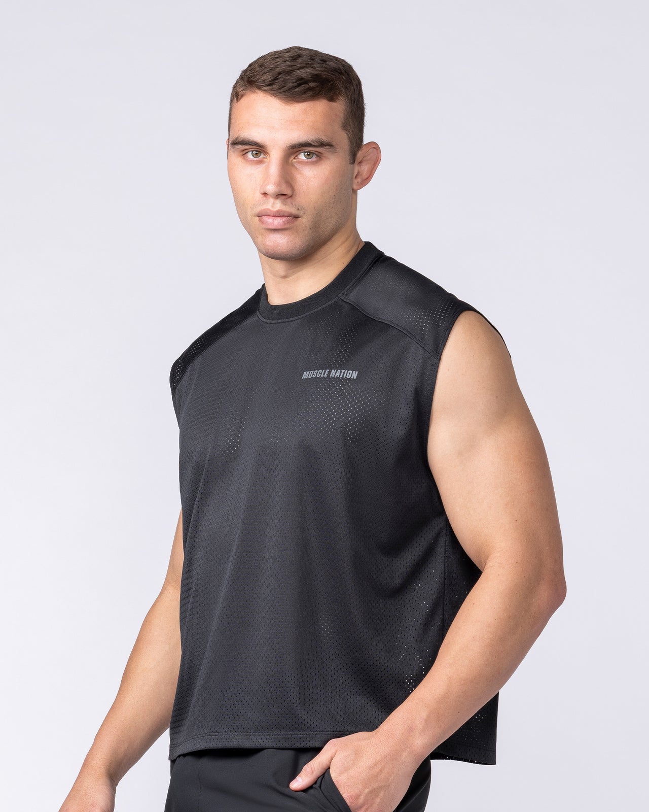 Mesh Boxy Cropped Muscle Tank - Black