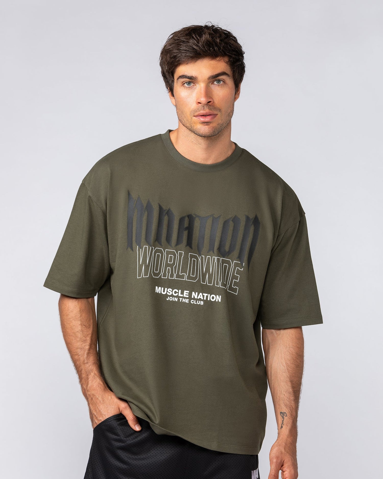 Metal Oversized Tee in Dark Khaki - Muscle Nation men's gym tee