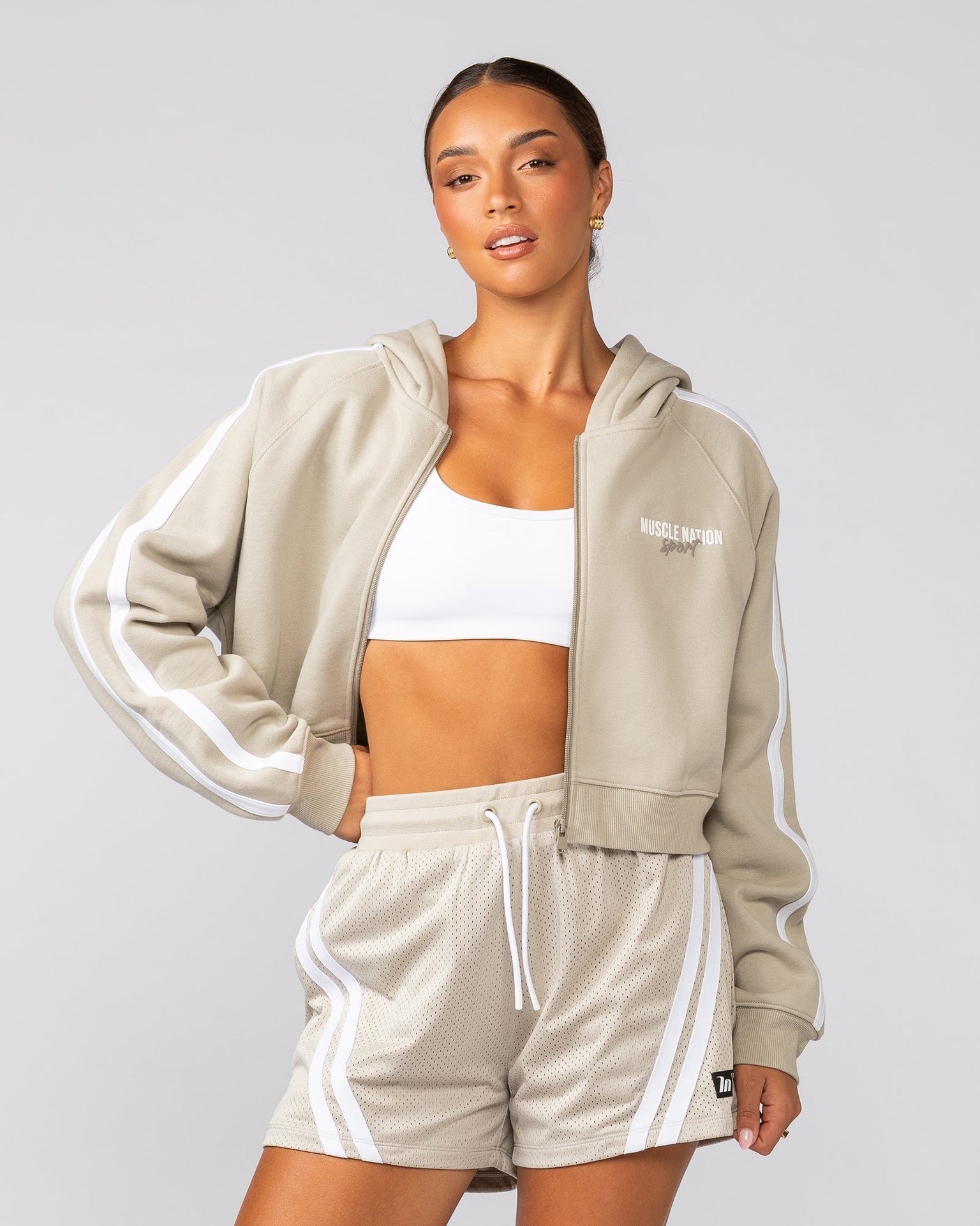 Recoup Cropped Zip Up Hoodie-Stone-2-Muscle Nation