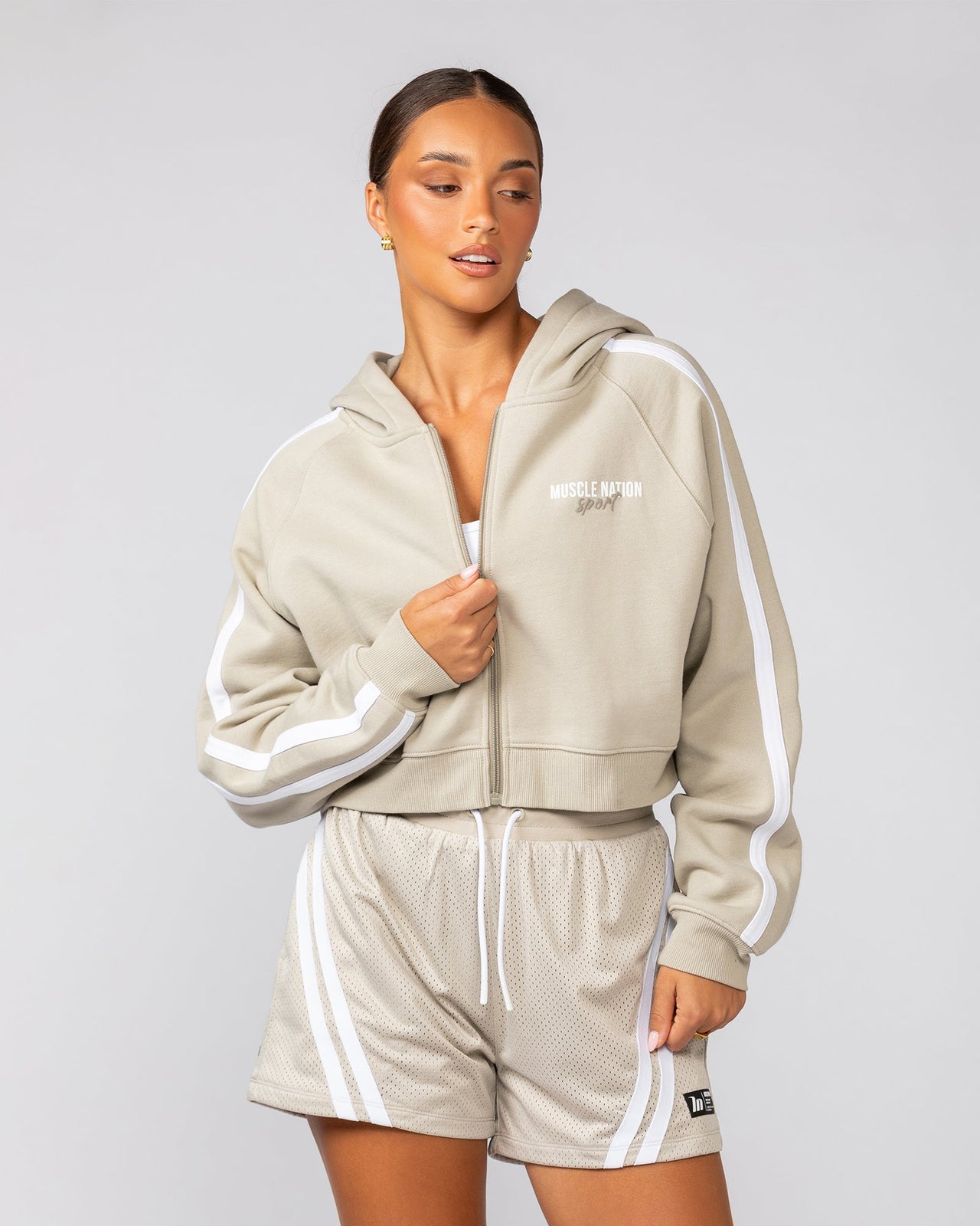 Recoup Cropped Zip Up Hoodie Stone - Muscle Nation women's hoodie, view 2