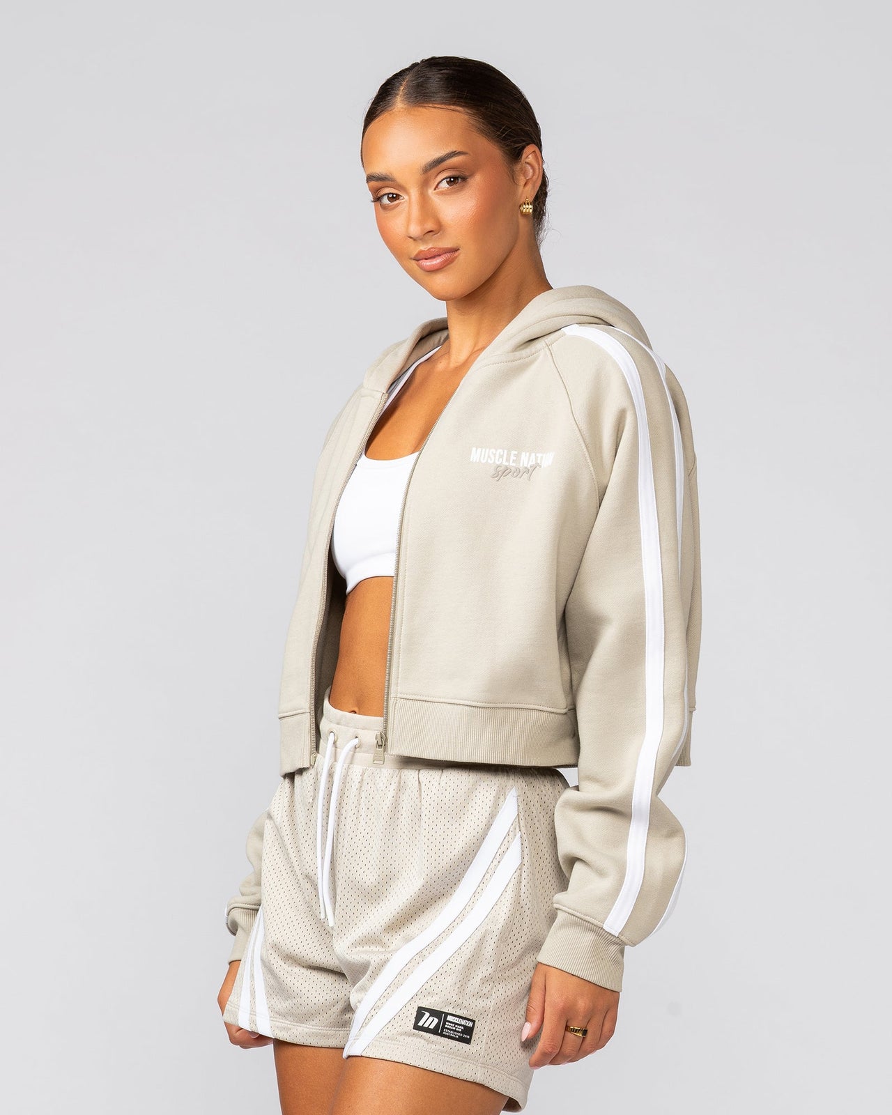 Recoup Cropped Zip Up Hoodie Stone - Muscle Nation women's hoodie, view 3