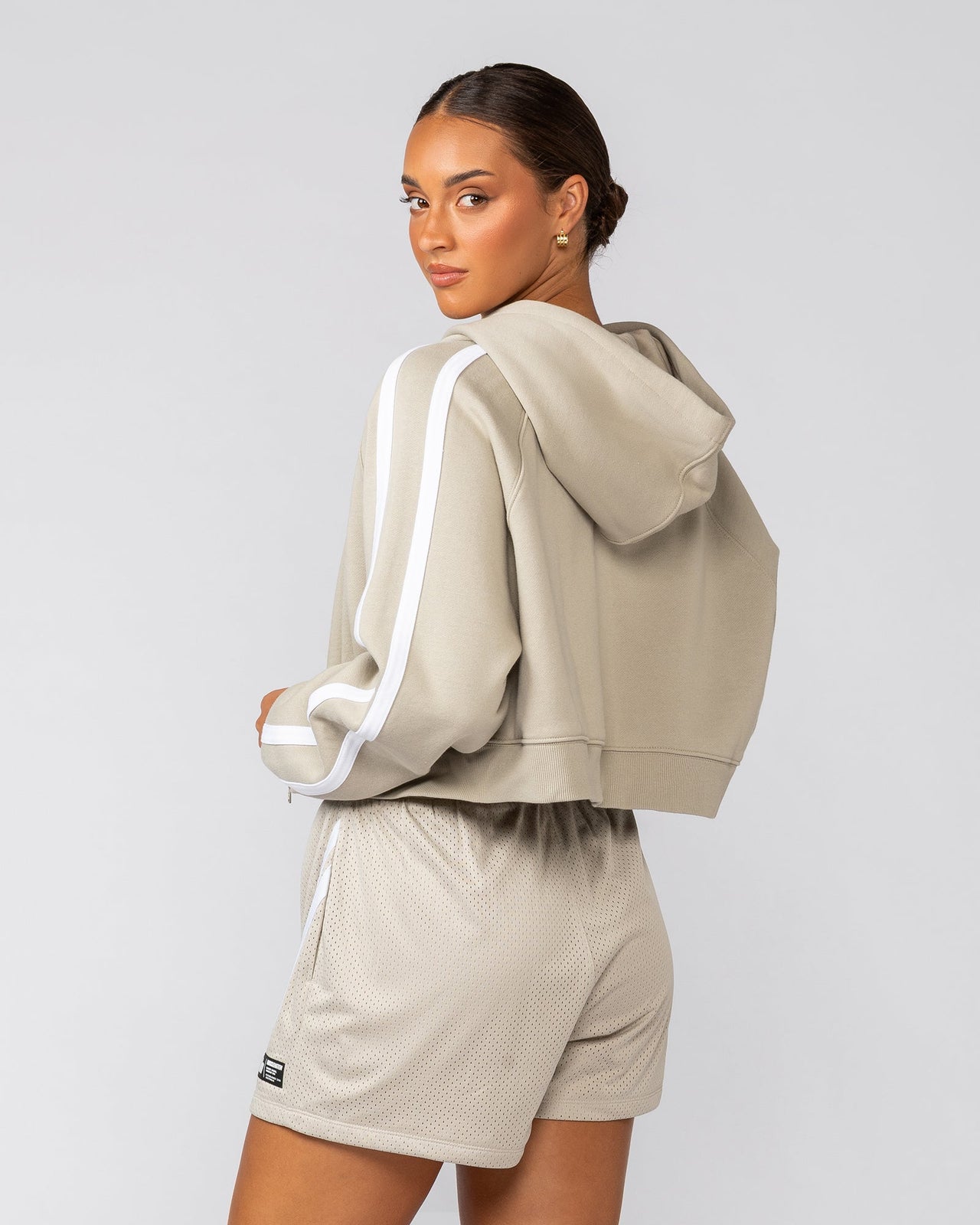 Recoup Cropped Zip Up Hoodie Stone - Muscle Nation women's hoodie, view 4