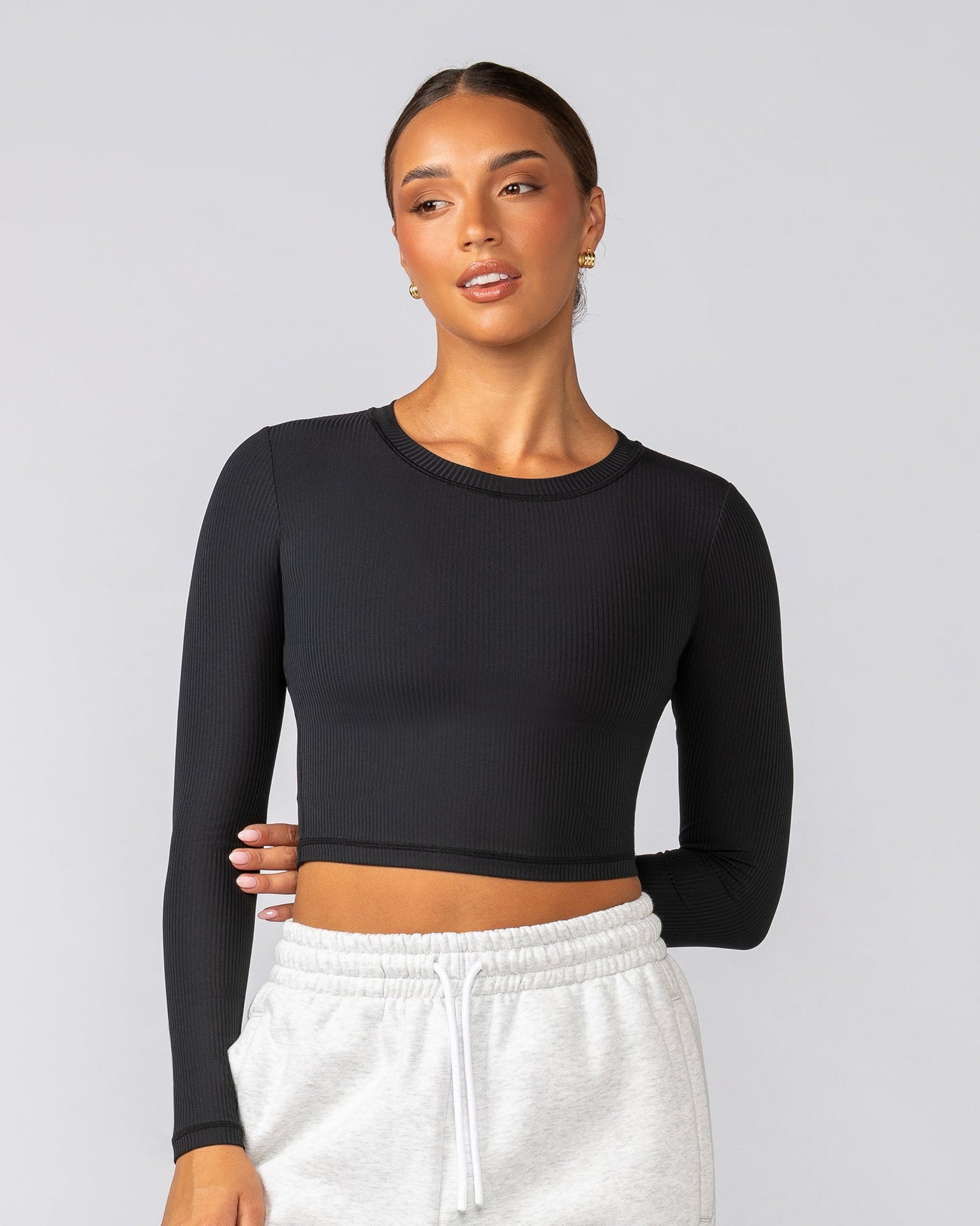 Sculpted Rib Long Sleeve Top - Black-Tops-XXS-022535BLK-XXS-MNAPPRL40770-1-Muscle Nation