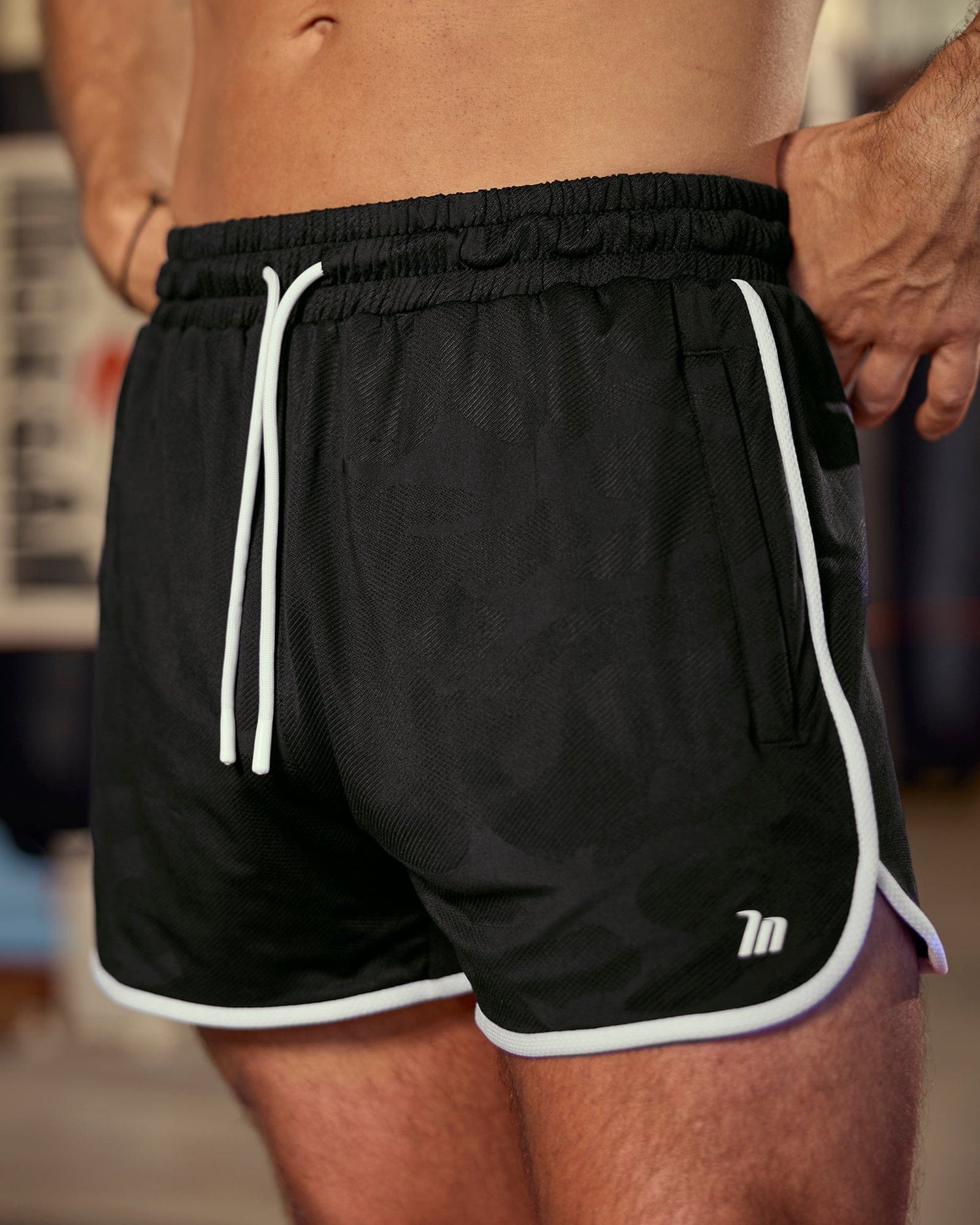 Tech Camo Retro Shorts Black Camo - Muscle Nation men's gym shorts