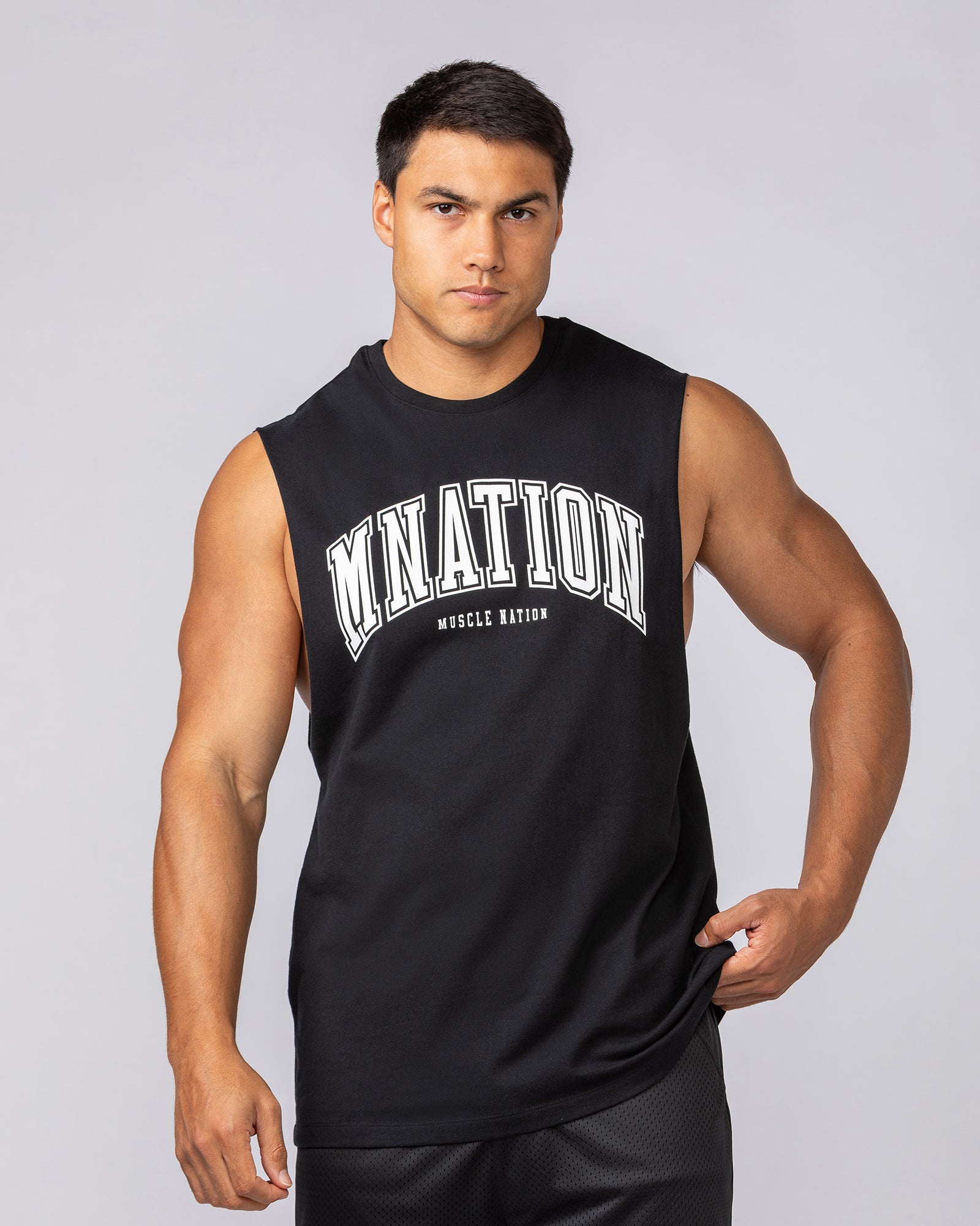 Varsity Training Drop Arm Tank - Black-Singlets & Tanks-S-072503BLK-S-MNAPPRL44035-1-Muscle Nation