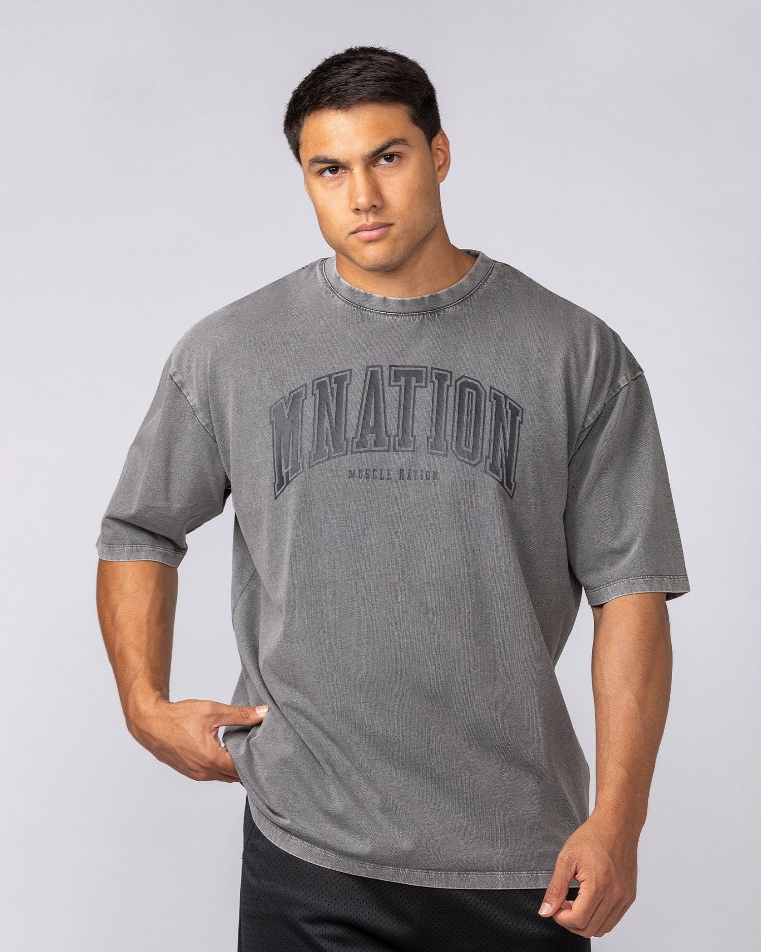 Varsity Training Oversized Vintage Tee in Washed Tornado - Muscle Nation men's gym tee