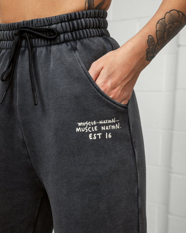 Womens MN Club Vintage Trackies - Washed Black - Muscle Nation