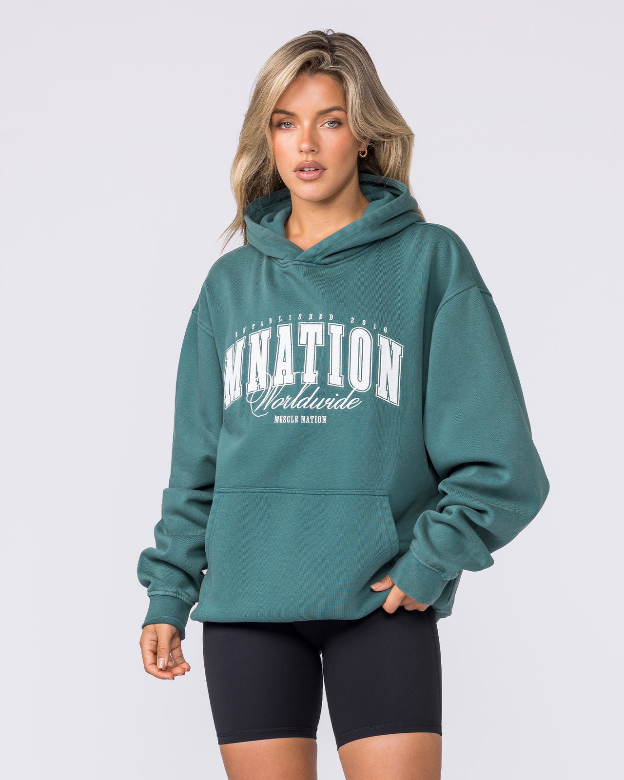 Worldclass Oversized Hoodie in Washed Leaf - Muscle Nation men's hoodie, view 7 | WOMENS-1