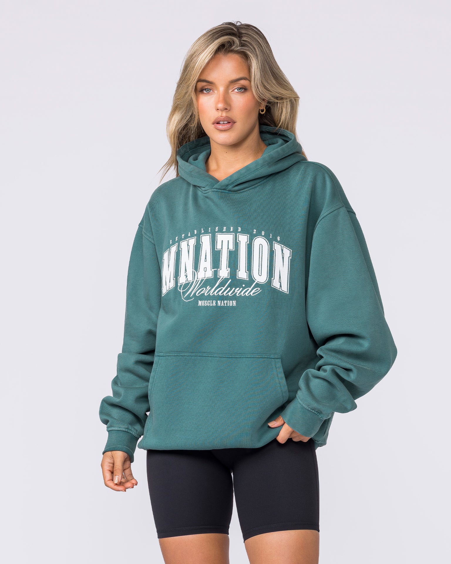 Worldclass Oversized Hoodie in Washed Leaf - Muscle Nation men's hoodie, view 7 | WOMENS-1