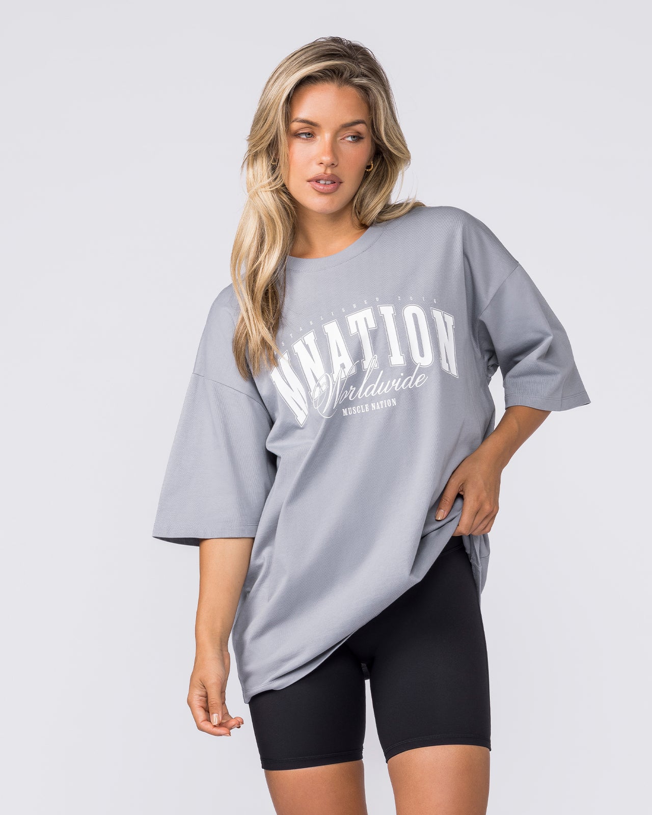 Worldclass Oversized Tee in Washed Cement - Muscle Nation men's gym tee, view 6 | WOMENS-1