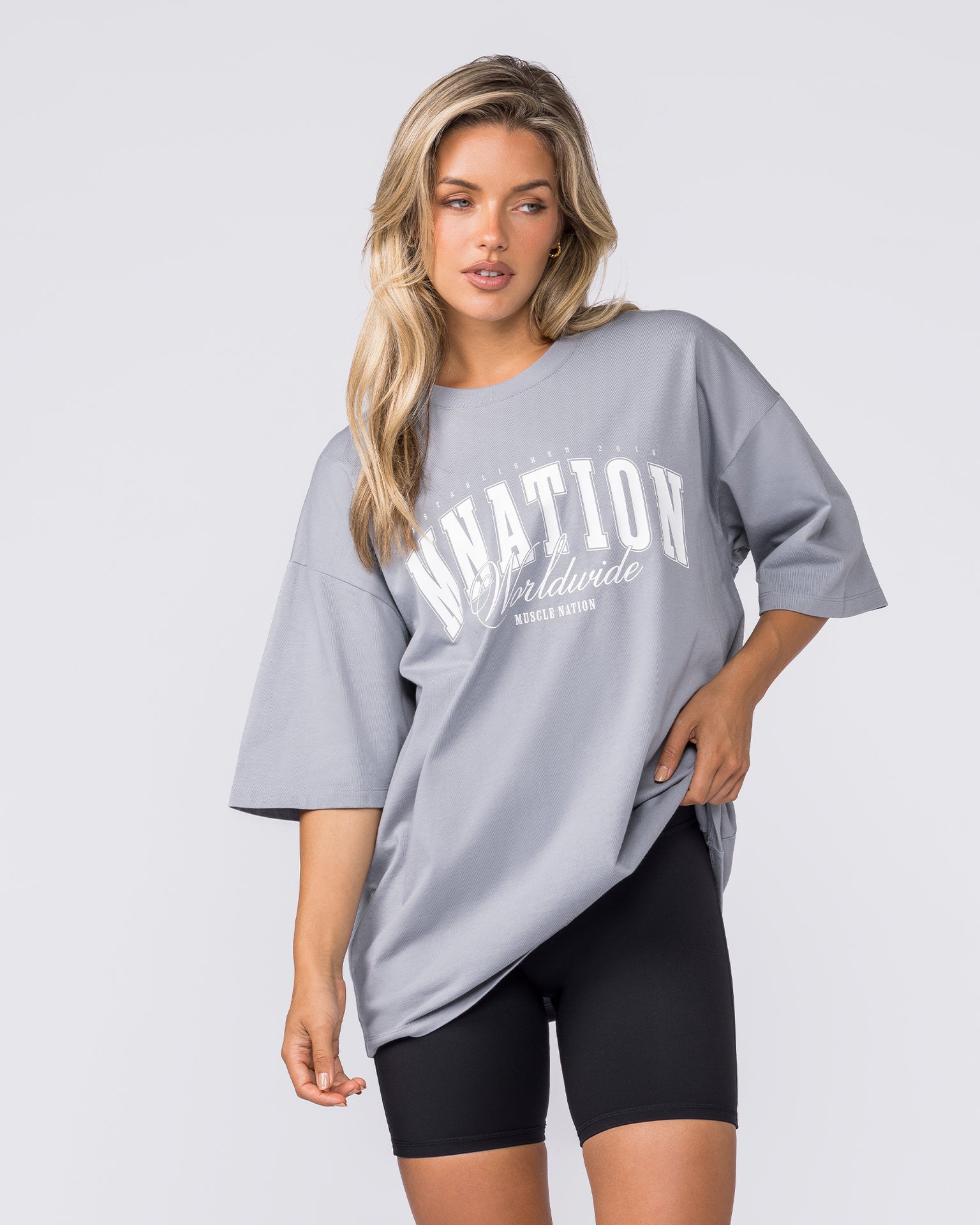 Worldclass Oversized Tee in Washed Cement - Muscle Nation men's gym tee, view 6 | WOMENS-1