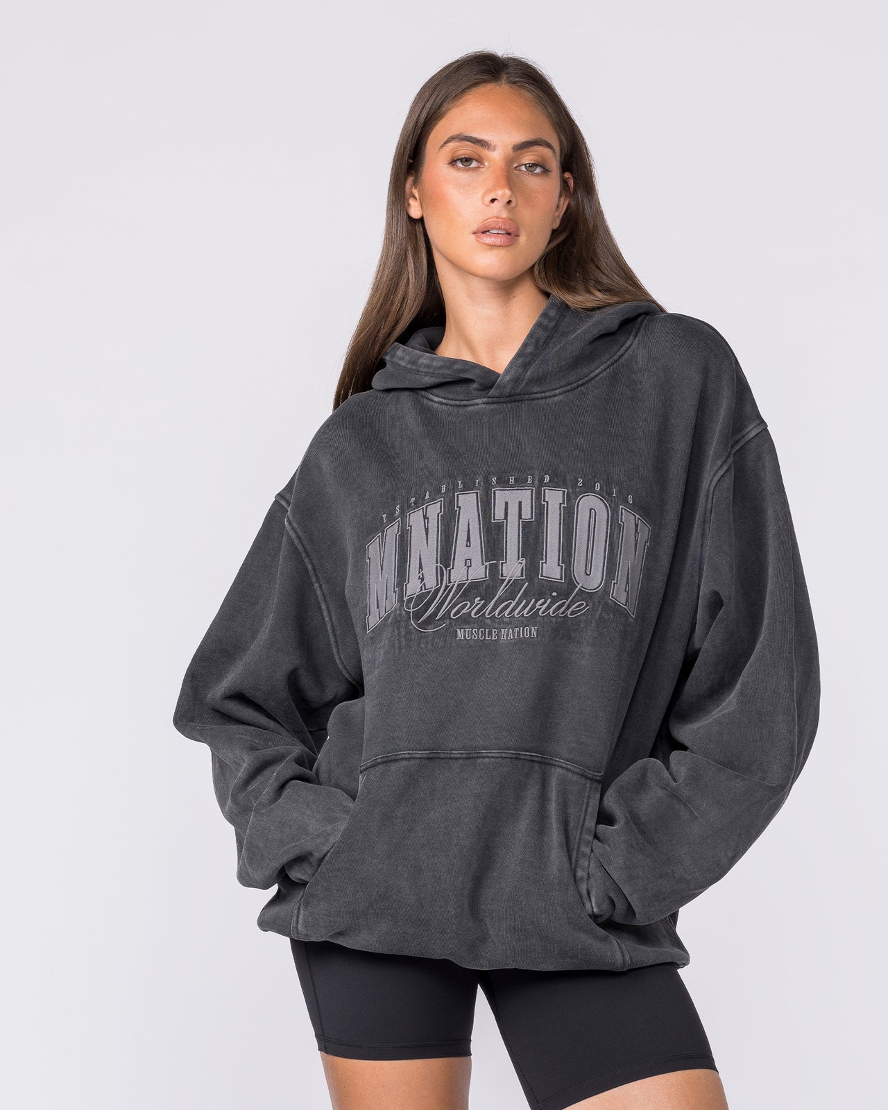 Worldclass Oversized Vintage Hoodie Washed Black - Muscle Nation men's hoodie, view 8 | WOMENS-1