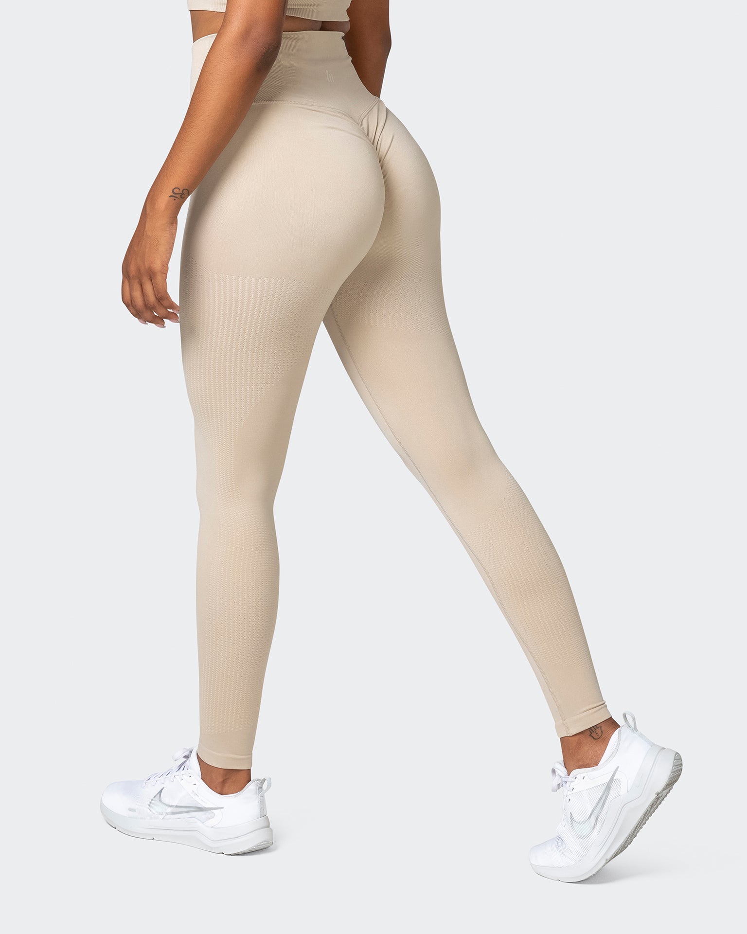 Beigeseamless Ribbed Yoga Leggings For Women - High Waist Booty Lifting Gym  Tights