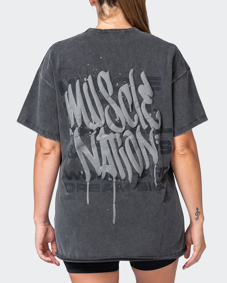 Womens MN Graffiti Oversized Heavy Vintage Tee - Washed Black / Carbon