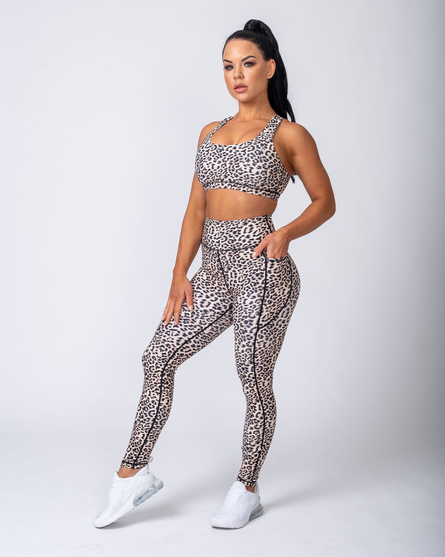 Leopard Print Wide Waistband Sports Leggings With Phone Pocket