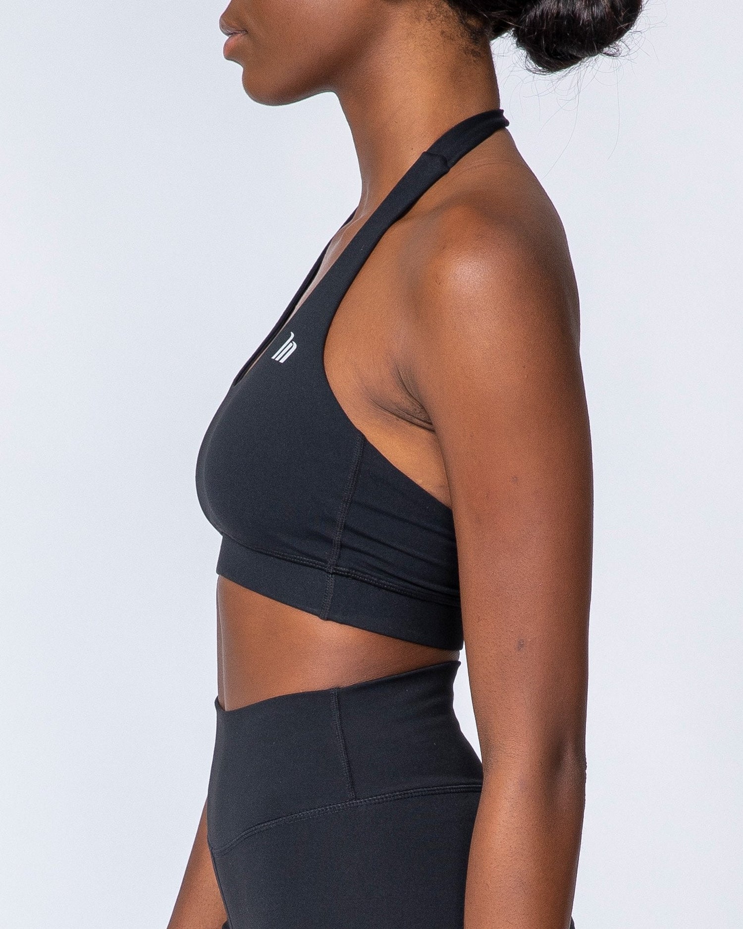 Black halter plunge neck supportive sports bra