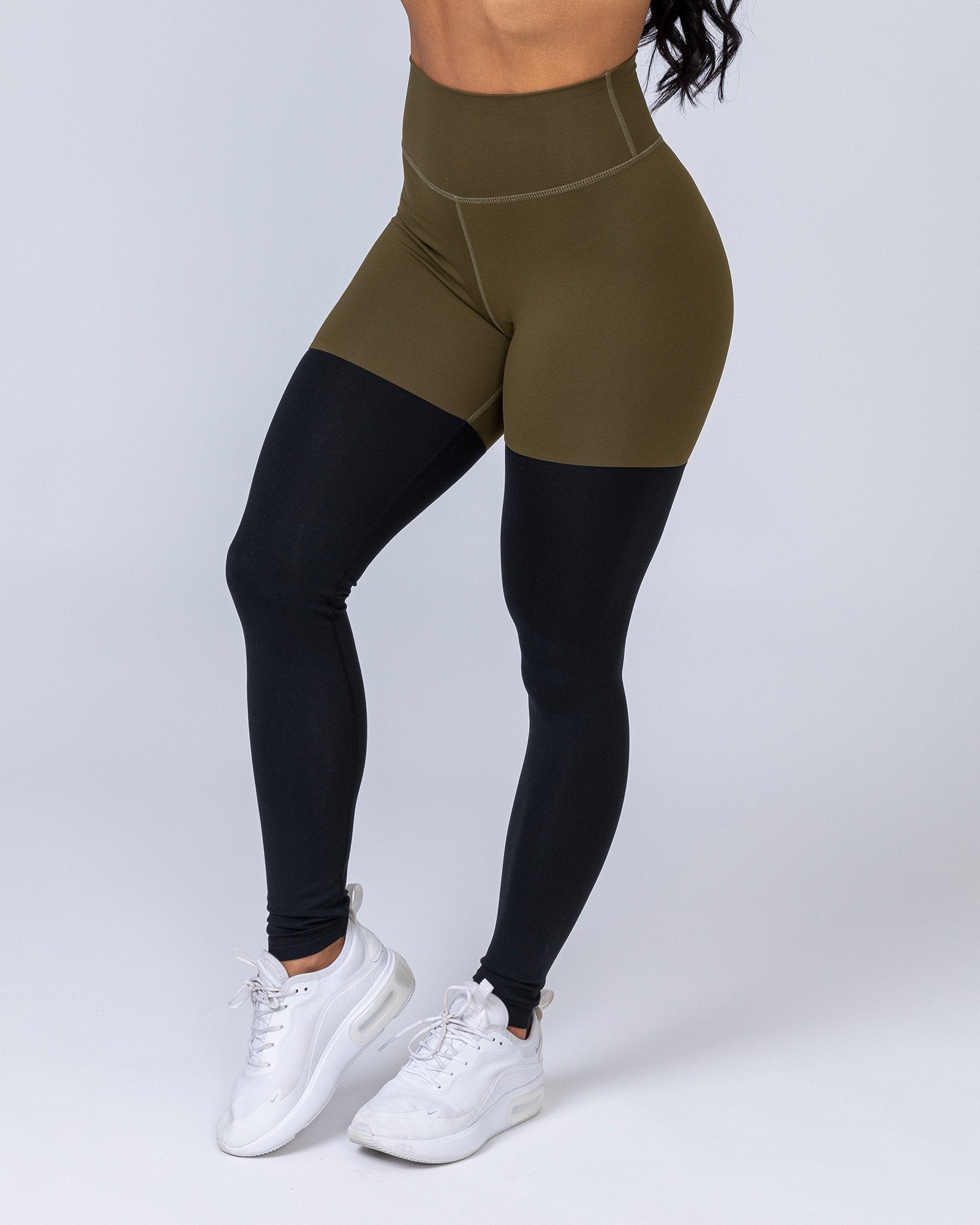 Two Tone Scrunch Leggings - Khaki / Black-Leggings-XS-MNAPPRL6684-MNAPPRL6684-3-Muscle Nation